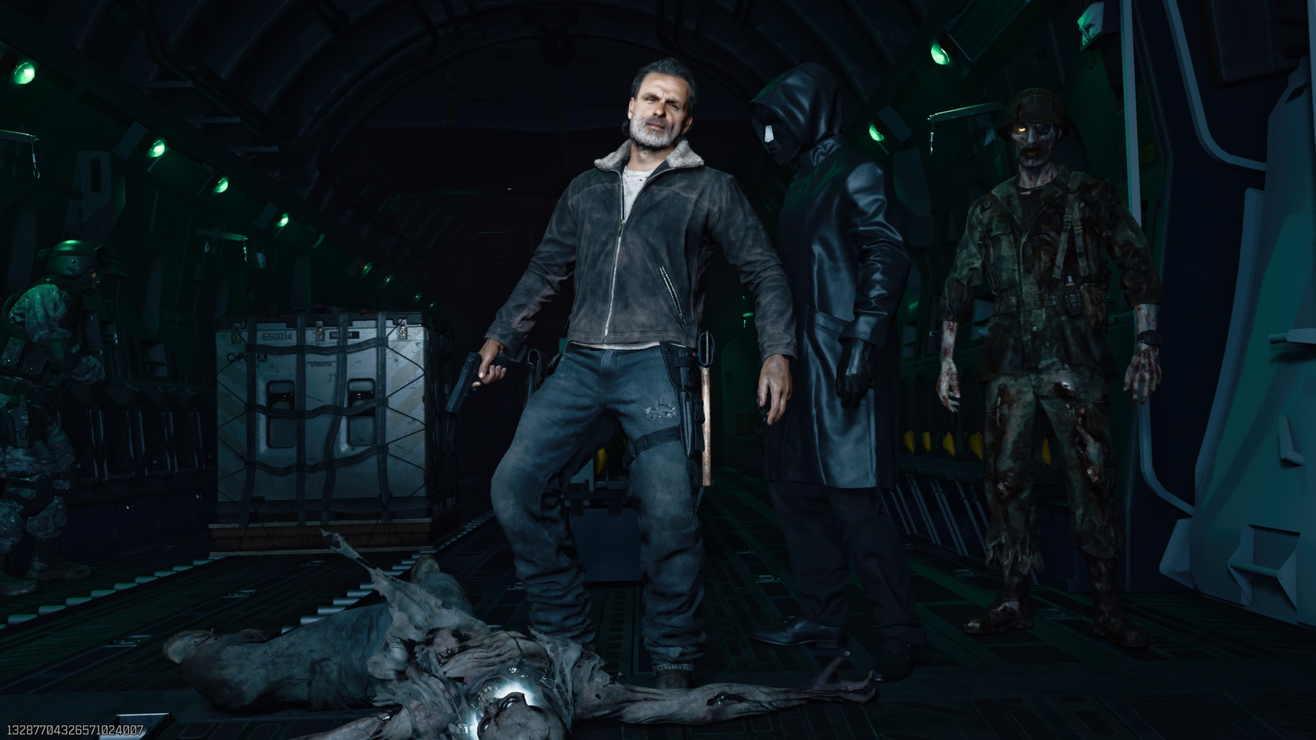 Rick is kicking a zombie off the plane.